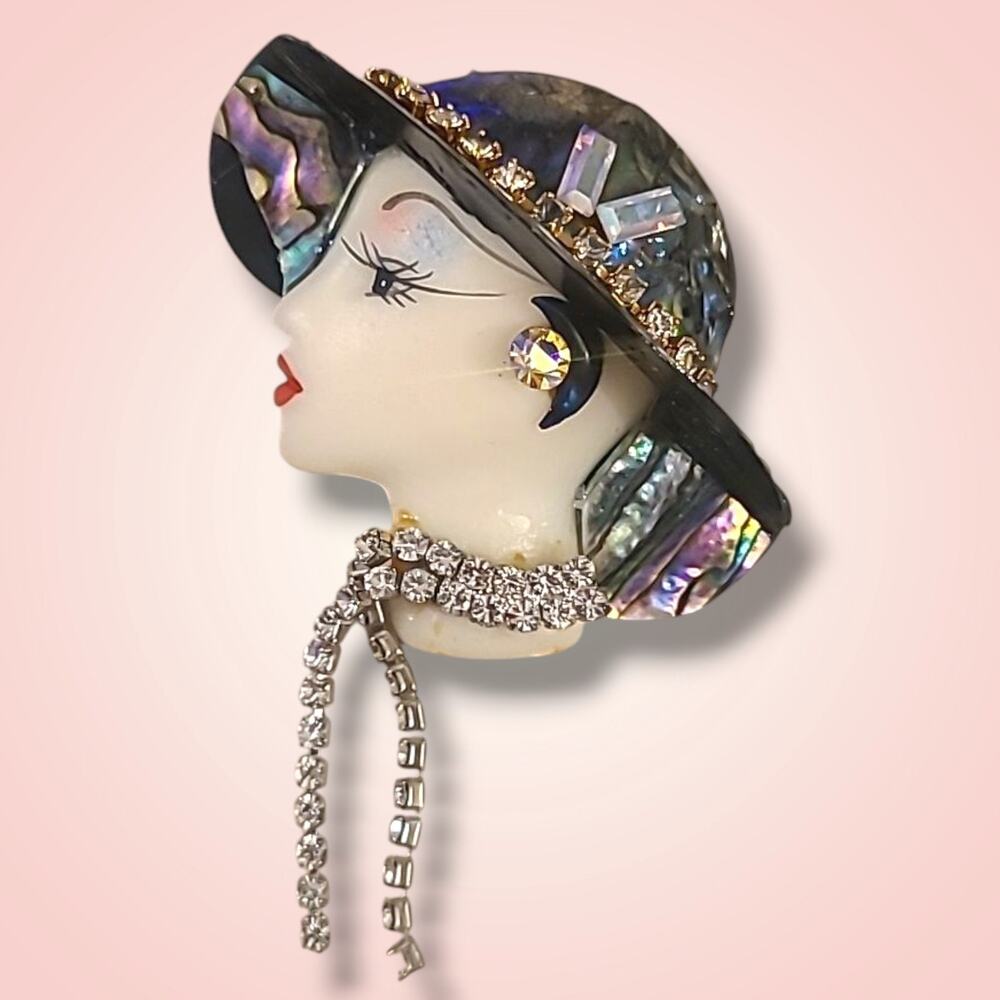 Vintage Bonetto Bisque Girl Head Rhinestone Abalone Hat Brooch Pin‎ *Read